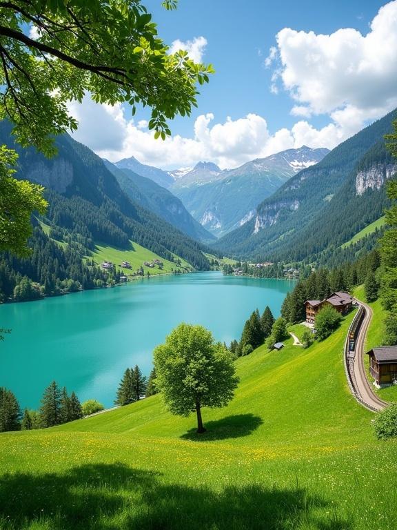 Scenic Swiss landscape features turquoise lake nestled between hills and mountains with forests. Smooth water reflects sky and surroundings. Foreground shows green meadows with yellow wildflowers and tree. Rustic wooden houses on hills blend into landscape. Narrow railway track with train beside lake, bordered by wooden fence and shrubs. Branches with green leaves frame image top left. Background features forested hills and mountains under partly cloudy sky with white clouds and blue backdrop. Overall color palette captures serene beauty of Swiss alpine setting.