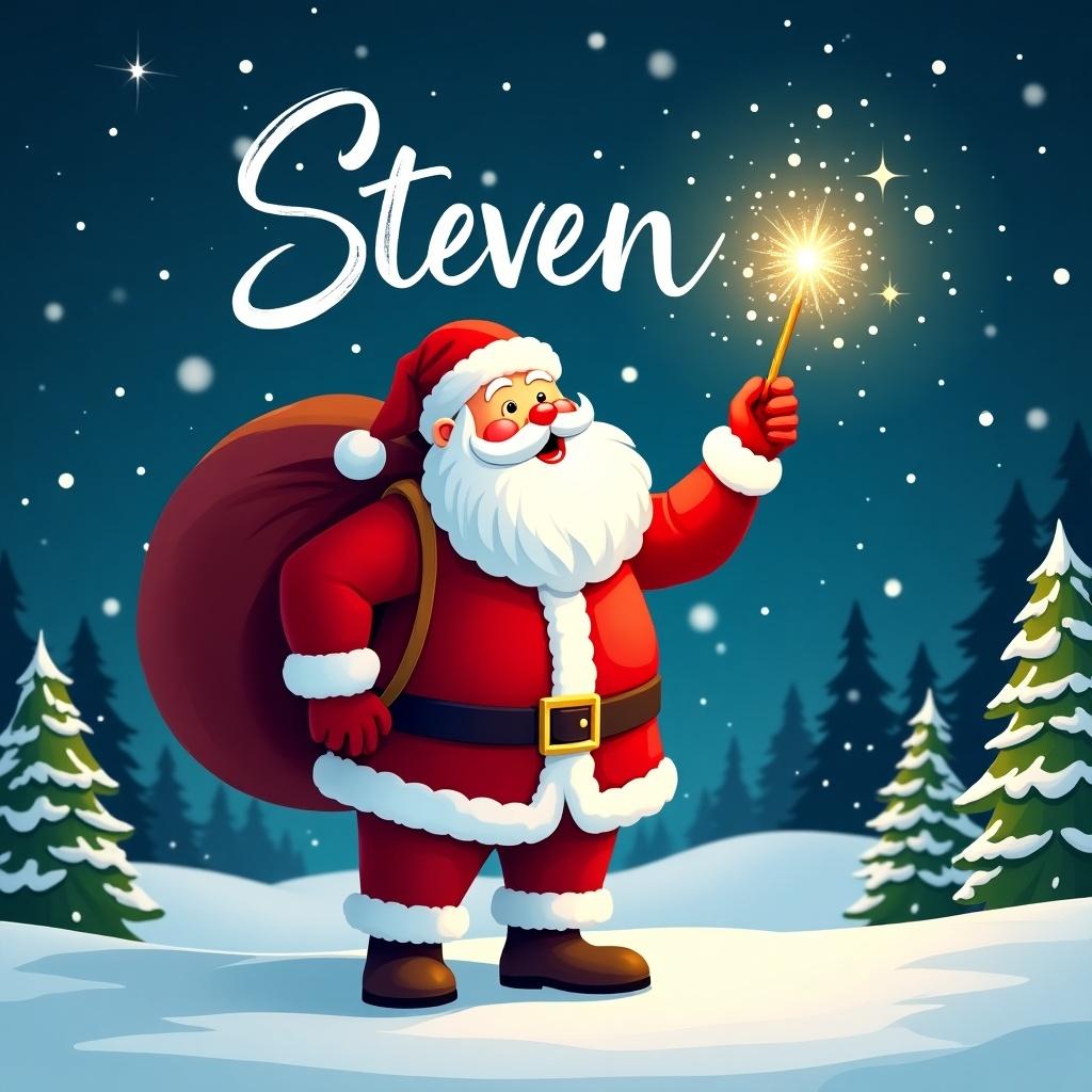 The image features a cheerful Santa Claus standing in a snowy landscape. He holds a magic wand, ready to write the name Steven in the sky. Santa's outfit is traditional, in vibrant red and white, complete with a belt. A large red sack is slung over his shoulder. The background is a beautiful snowy landscape with evergreen trees and twinkling stars above, creating a festive atmosphere.