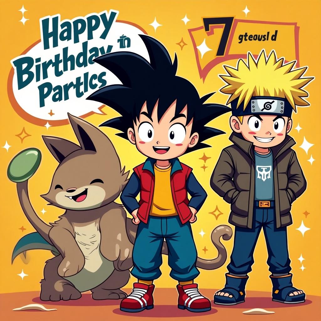 This is a vibrant and action-packed birthday invitation card for a 7-year-old boy named Casper. The scene features three adorable characters: a happy cartoon version of Casper, Goku from Dragon Ball Z, and Naruto from Naruto, all sporting cheerful facial expressions. The background is a bright yellow with dynamic comic-style text saying 'Happy Birthday Casper!' The atmosphere is playful and inviting, perfect for a children's birthday party inspired by their favorite anime. The artwork is colorful and cute, combining elements from Pokemon, Dragon Ball Z, and Naruto styles, making it ideal for engaging young fans.