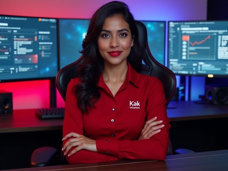 A confident and beautiful Indian female tech leader faces the camera head-on. She sits in a high-end ergonomic gaming chair with RGB lighting. She wears a fitted red shirt with 'Kak Infotech' logo. Her posture is relaxed yet authoritative, and she has a slight smile. Multiple screens display live analytics and digital marketing dashboards. A whiteboard outlines cloud architecture. A 3D-printed mobile prototype is present beside a mechanical keyboard. The studio atmosphere conveys innovative tech expertise.