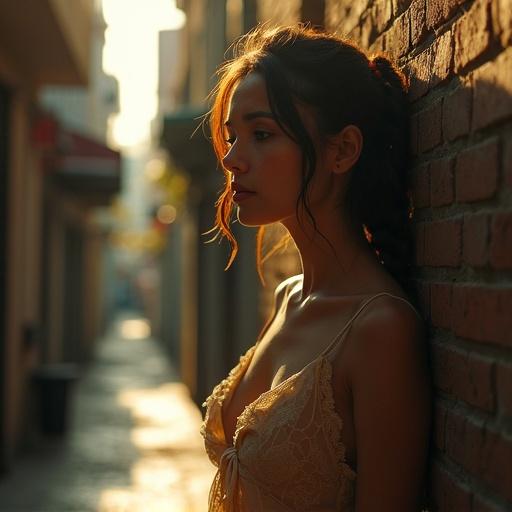 A woman leans against a brick wall in a sun-dappled alley. The scene shows hazy light and shadows. A silk scarf slips from her shoulder, revealing a faint scar. Her fingers trace a torn lace dress. She looks toward the street with a mix of resignation and hunger. The air carries the smell of fried rice. Sunlight creates a mosaic effect, enhancing her expression of quiet defiance.