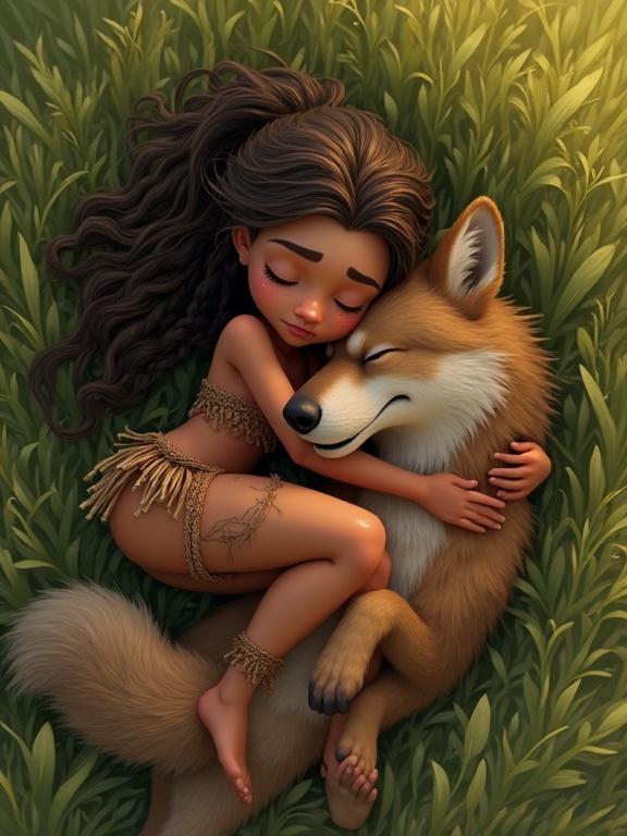 Pixar style cartoon illustration featuring a young tribal huntress lying in a meadow with a wolf. The huntress has braided long hair and wears a torn loincloth. The wolf is large with an open mouth, both appear calm. The huntress hugs the wolf, showcasing a bond after a challenging moment. Artwork is detailed from an aerial view with a serene color palette of greens and browns.