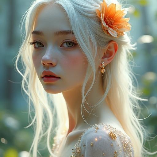 High detail digital painting of a young woman with fair skin and delicate features. She has striking almond-shaped eyes with a golden hue. Long wavy platinum blonde hair adorned with orange flowers. Wears a sheer white gown with floral patterns and sparkling embellishments. Blurred forest or garden background with soft light.