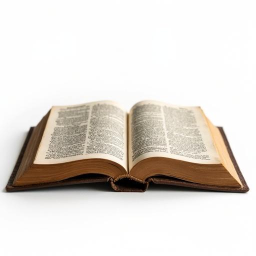 Open ancient book displayed on a white background. The book is slightly elevated, showcasing its pages.