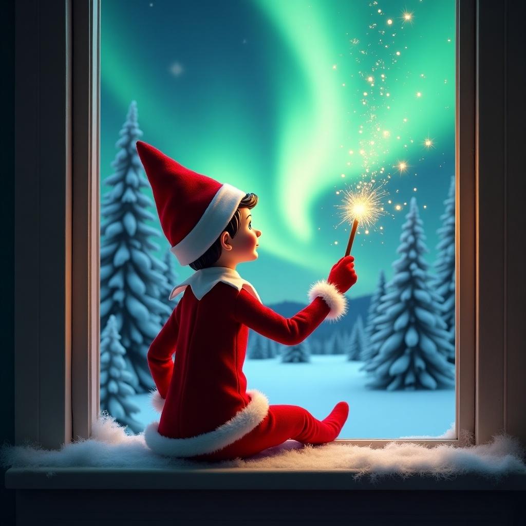 The image features an adorable elf on the shelf sitting on a window ledge, with his back turned to the viewer. He is using a magical wand to create twinkling sparks while looking up at a stunning display of northern lights. The background is set in a winter wonderland, filled with snow-covered pine trees, conjuring a festive holiday feel. Dressed in a vibrant red outfit with white trim, the elf embodies the Christmas spirit. The scene is illuminated by the enchanting colors of the aurora borealis, enhancing the magical ambiance.