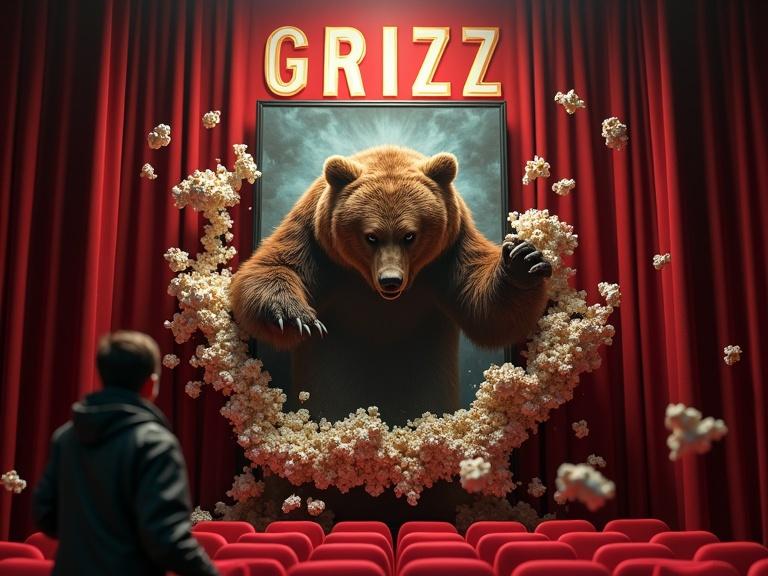 A grizzly bear bursts through a movie poster titled GRIZZ in a theater. A patron throws popcorn in the air in shock. The scene shows gritty realism with cinematic sheen and textured elements. The bear appears fully articulated as it emerges from the poster, surrounded by popcorn bits.