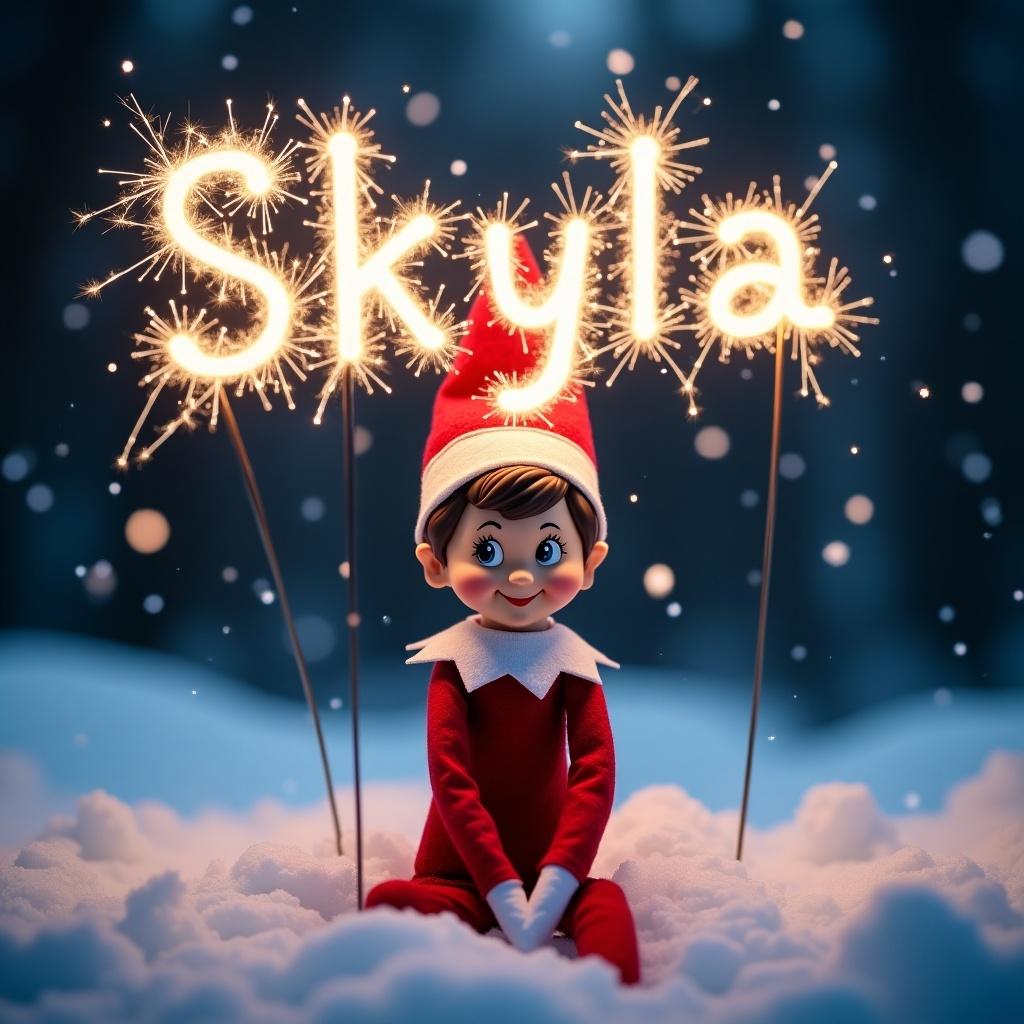 The image captures a whimsical Elf on the Shelf sitting in a snowy landscape at night. The scene is illuminated by the warm glow of sparklers forming the name 'Skyla' in bright letters above the elf. Snowflakes gently fall in the background, adding to the magical atmosphere. The elf's expression is cheerful and playful, embodying the spirit of Christmas. The colors are vibrant, with a predominant blend of red, white, and blue, creating a perfect holiday setting. This enchanting image can evoke feelings of nostalgia and joy during the festive season.