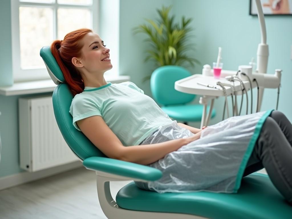 The image features a young woman reclining in a dental chair within a dental clinic. She has long red hair styled in a ponytail and is wearing a comfortable outfit, complemented by a large, clear PVC bib with green edges covering her knees. The room appears bright and soothing, thanks to ample natural light, which enhances the calm atmosphere. The woman displays a relaxed and serene expression, exuding comfort and confidence during her dental visit. The background showcases soft colors typical of a modern dental or beauty clinic, creating a welcoming environment.