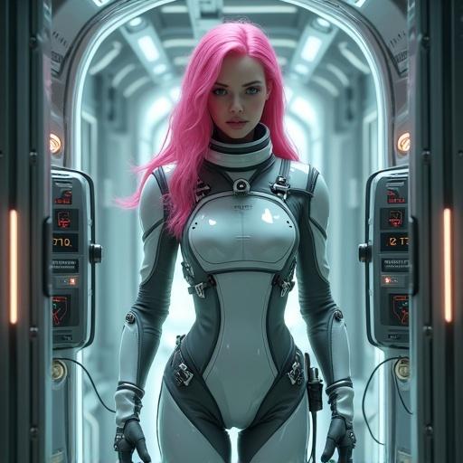 Detailed 3D rendering of a woman with pink hair in a cryogenic chamber. She wears a sleek spacesuit designed for cryosleep. The chamber has advanced displays and life-support systems. Background is an industrial corridor with metallic features.