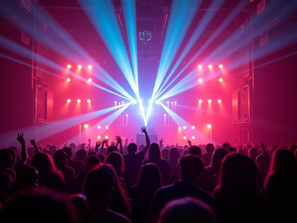 Vibrant concert scene with colorful laser lights. Audience with hands raised. DJ performing on stage. Album cover for Techno DJ Beeftronixx.