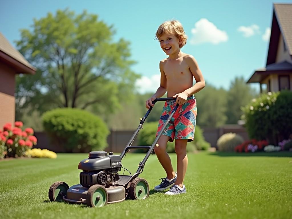 A joyful child mowing the lawn on a sunny day in a suburban garden.