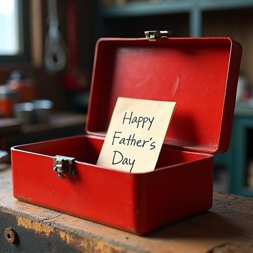 Open toolbox on a workbench with a note inside. Note says Happy Father's Day in cursive. Natural light creates soft shadows. Detailed textures on metal and wood.