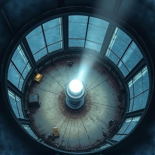 Bird’s-eye view inside a lighthouse lantern room at night. Central glowing beacon casts light across the floor. Metal railings and scattered tools visible. Dust fills the air. Ocean barely seen through fogged glass. Watercolor painting style with dramatic contrasts.