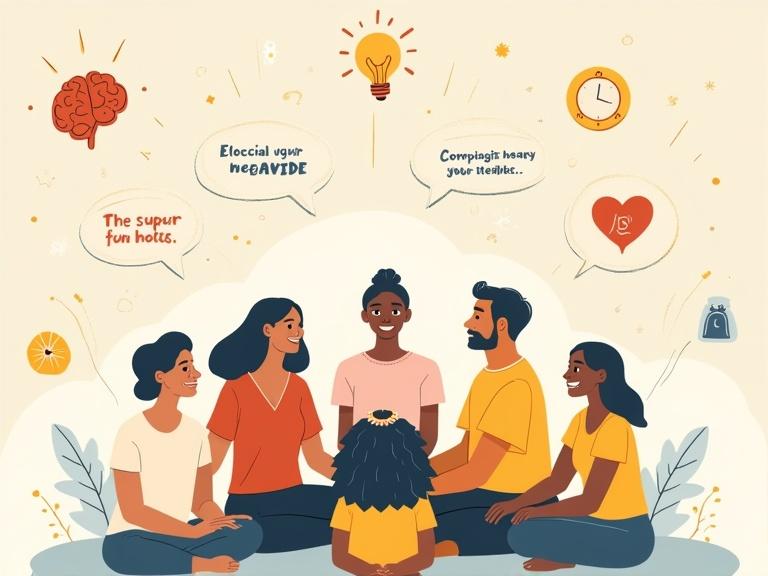 Illustration of a diverse group of people sitting in a supportive circle. Calm expressions depict understanding and shared experiences. Symbols include a positive brain, heart of self-compassion, speech bubbles for communication, restroom sign for planning, continence products, clock for bladder retraining, and mindfulness icons. Soft rays of light symbolize hope and empowerment. Use warm colors and gentle line art to evoke emotional healing.