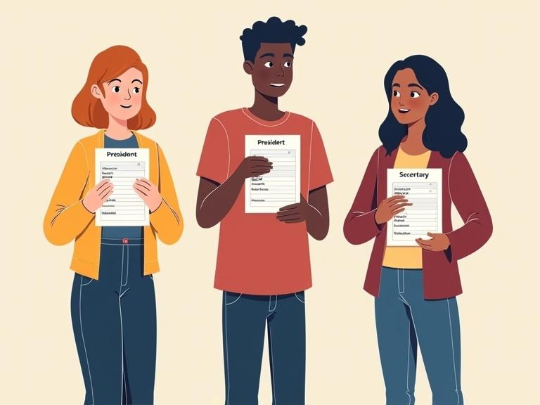 Three diverse individuals hold club election ballots. Ballots show names checked for President, VP, Secretary roles. Varied ballot holding styles; one reads, one displays, one tucks under arm. Color palette features navy blue, maroon, pale yellow.