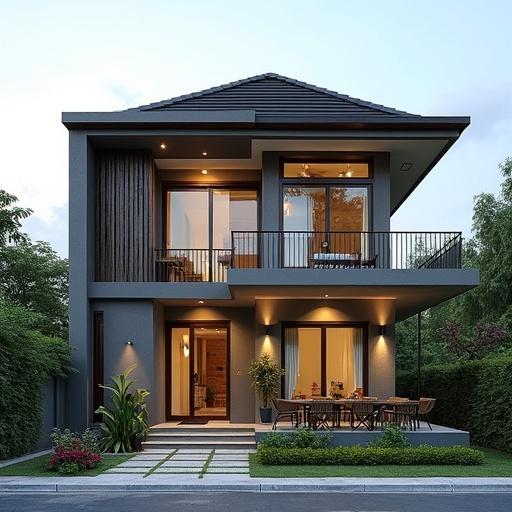 A two-story house with a tile roof typical in Indonesia. Features a balcony with doors and windows on the second floor above a garage to the left. The right side has a terrace leading to the living room with a door on the left.