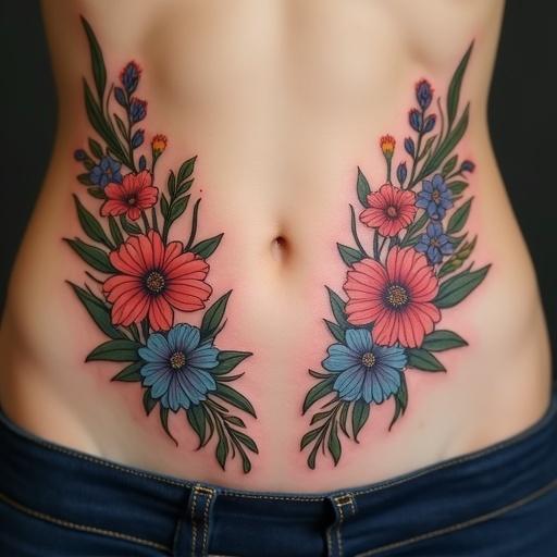 Symmetrical floral tattoo adorns abdomen. Two vibrant flower garlands originate from the hips. They continue from an existing tattoo on the buttocks down to the abdomen. Features colorful flowers with limited foliage. Includes Clitoria ternatea flower at one end and a stylized snake head at the other. The design is feminine sensual harmonious. Incorporates flowing lines in a botanical artistic style with rich colors adapted to anatomy. Emphasizes graceful design with botanical accuracy. Exhibits poetic tension between snake and flower.