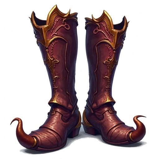 Detailed depiction of ornate demon boots. Realistic style. Designed as a game asset. Transparent background for versatility. Suitable for RPG iconography.