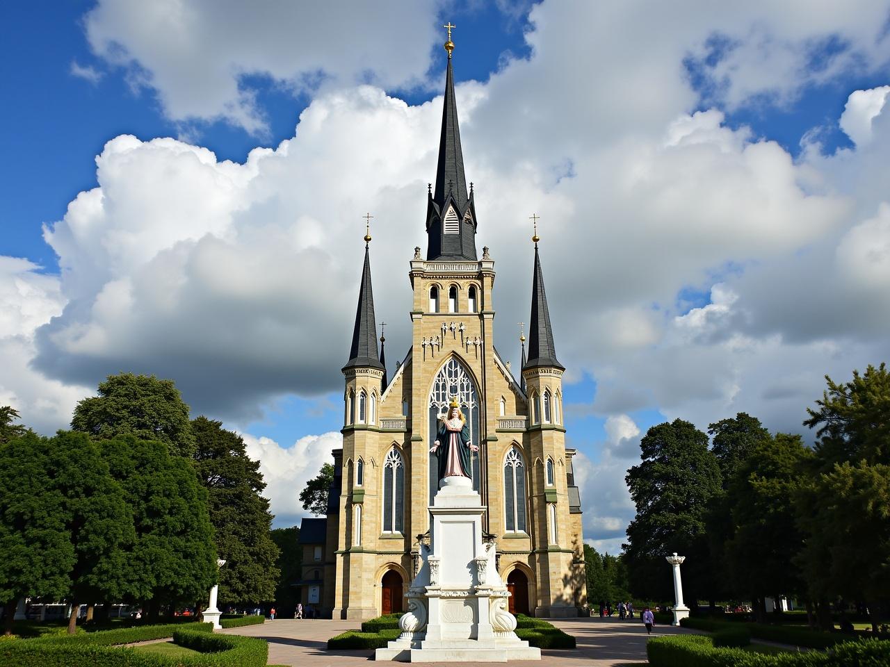 The image features a beautiful church with a distinct architectural style, showcasing multiple spires and intricate details on its facade. In front of the church, there is a monumental statue that captures attention, adorned with decorative elements. The scene is set against a backdrop of a dynamic sky, filled with puffy clouds that enhance the serene atmosphere. Lush greenery surrounds the area, contrasting the stone and white colors of the church and the statue. This picturesque setting invites viewers to appreciate both the historical and cultural significance of the architecture.