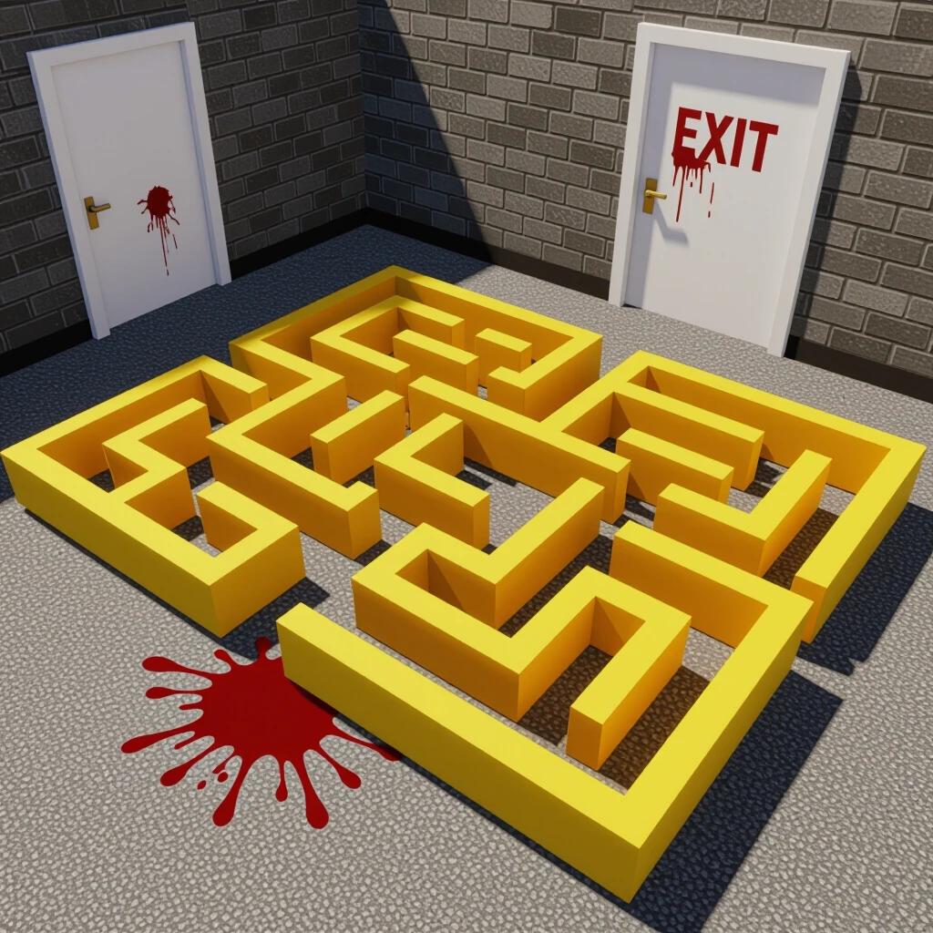 Yellow maze structure in a room with gray carpet. The maze has a clear exit door marked with 'Exit'. Blood is splattered at the base of the maze. Simple yet engaging layout.