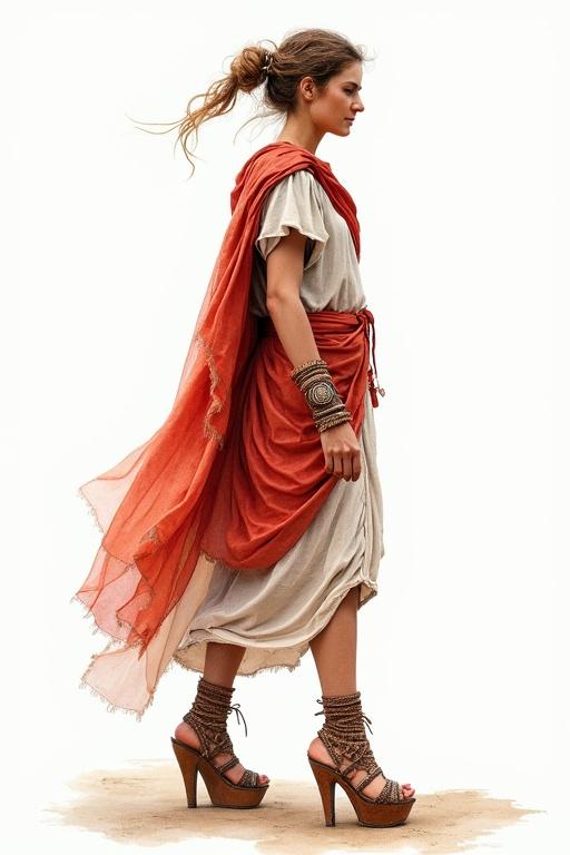 Watercolor painting depicting an ancient Roman traveler. Hair is tied up. She wears a traditional outfit featuring a long flowing dress. The outfit includes a red wrap over a light-colored base. She stands confidently in steep, 5 inch high-heeled platform heels.