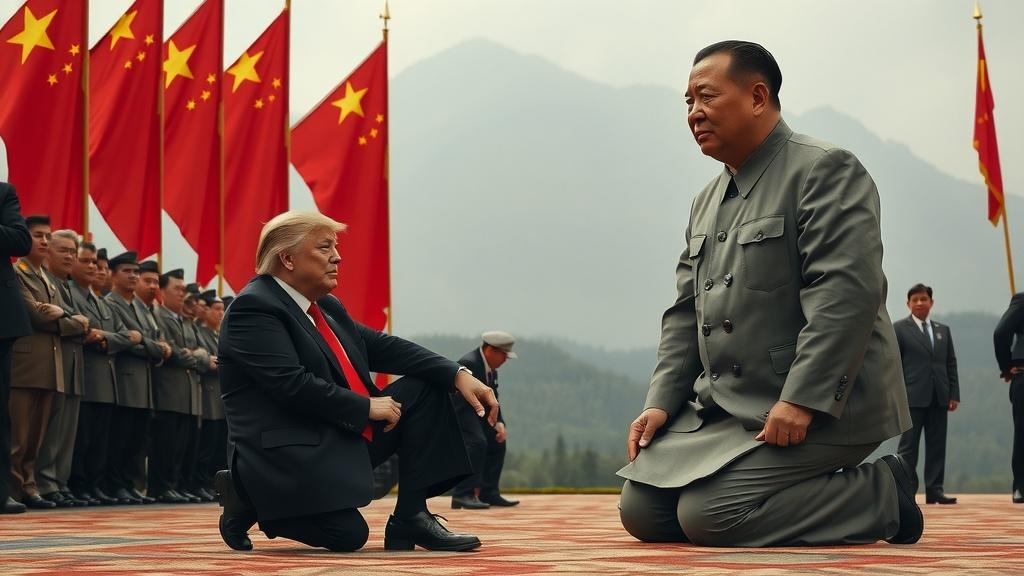 Two men in formal attire kneel in front of Chinese flags in a ceremonial setting.