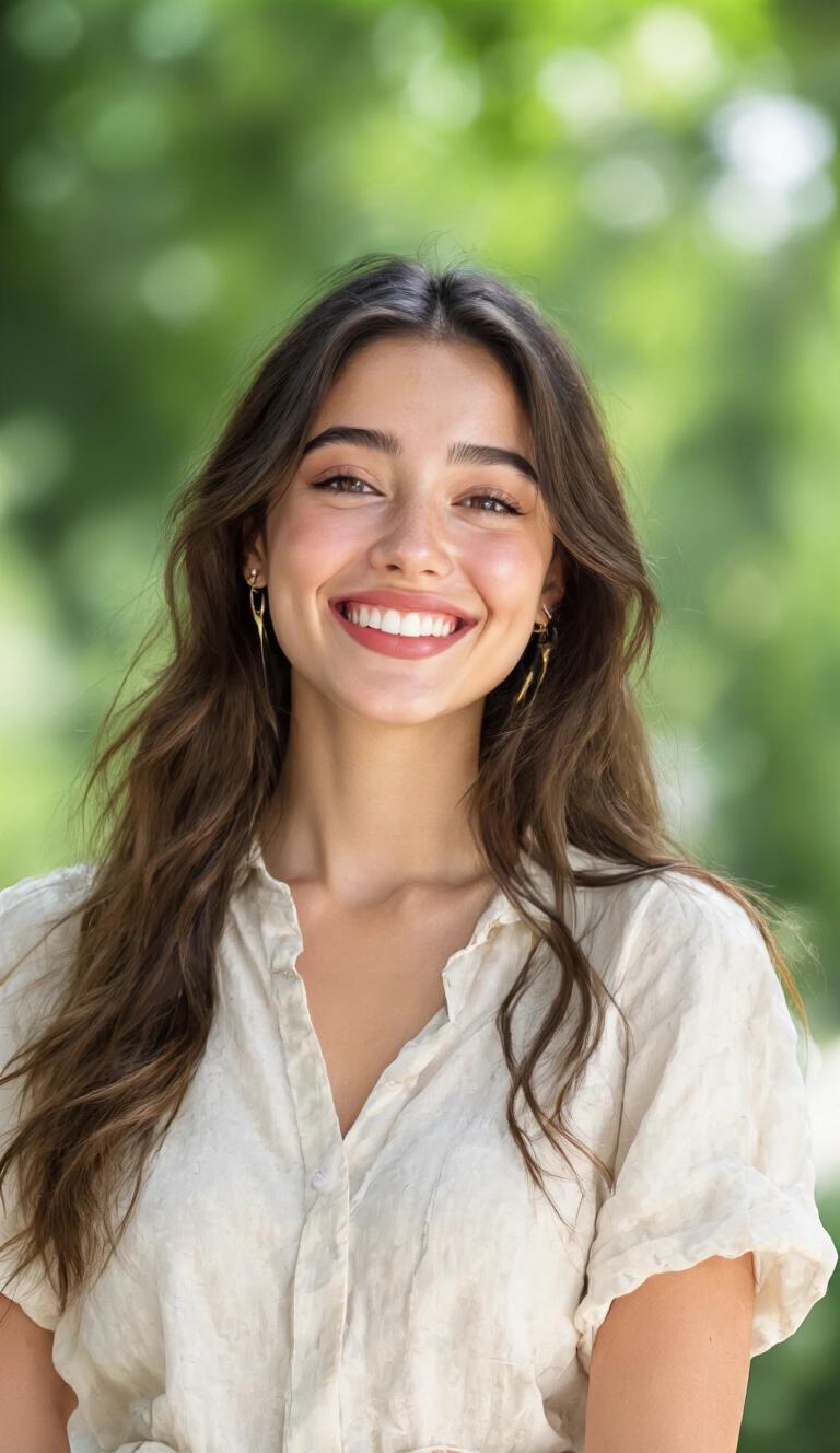 Smiling woman with long hair wearing a light-colored shirt. Background is blurred with green tones. Woman has a cheerful expression.