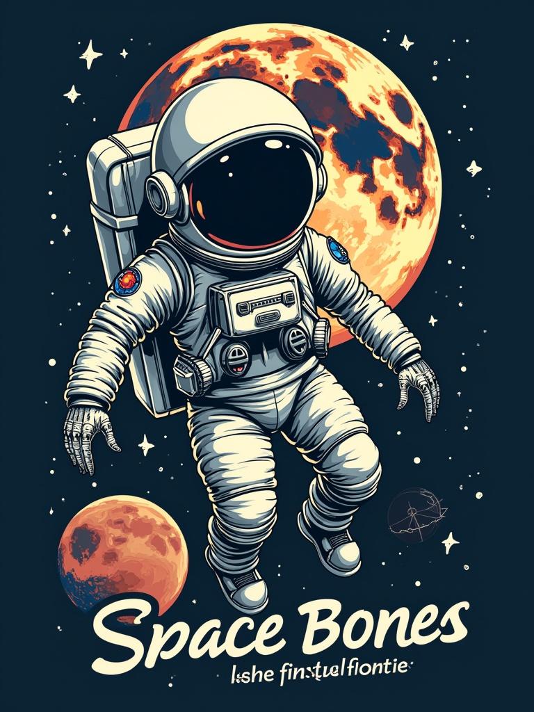 T-shirt design showcases a skull in an astronaut suit. Astronaut floats in space with detailed moon backdrop. Stars and polar imagery are artistically incorporated. Text displays 'Space Bones: Exploring the final frontier'.