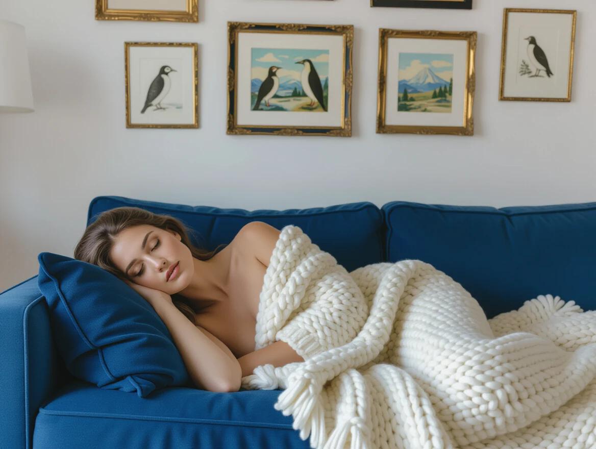 Photograph of a woman lying on a blue couch with a cream-colored knitted blanket. The woman is resting her head on a pillow with her right arm under it and her left arm draped over the couch. Framed pictures on the wall include animals and landscapes in different traditional styles. A soft, warm atmosphere is created by the lighting.