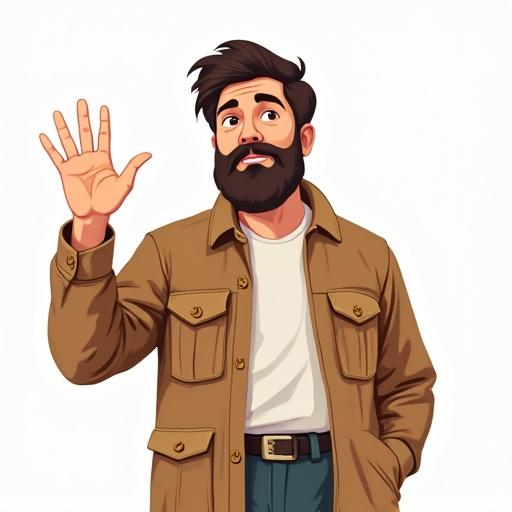 A person waving in a vector style illustration. The character features a beard, casual attire, and a friendly expression. The background is simple and colorful to emphasize the character's gesture.