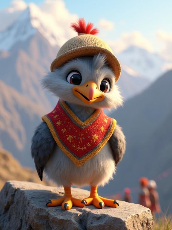 A baby Andean condor with gray feathers stands on a rock. The condor has big eyes and a small beak. It wears a red and yellow patterned poncho and a mini traditional Andes hat. Mountains and clouds are in the background. Villagers are dressed in indigenous clothing and walking in the distance. The scene has a peaceful highland vibe with warm lighting.