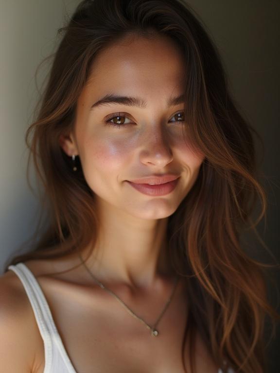 Cellphone quality amateur photo with a beautiful woman smiling. Natural lighting emphasizes her features.