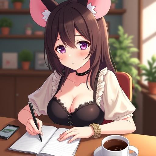 A young anime girl is seated at a wooden table. She has shoulder-length dark brown hair with light pink mouse ears. Her vibrant purple eyes and serene expression suggest a thoughtful mood. She wears a sheer off-white top with frills and a dark laced bodice. A studded choker adorns her neck. She holds a pen and writes in a notebook. A cup of dark coffee is beside her on the table. The background includes wooden furniture and potted plants, creating a cozy atmosphere. Lighting is soft, enhancing her features and the room's warm tones. The style is anime with detailed character features.