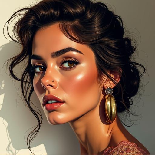Portrait of a woman in expressionist style. Emphasis on facial features. Rich details and texture. Highlights and shadows create depth. Expressionist art influences evident.
