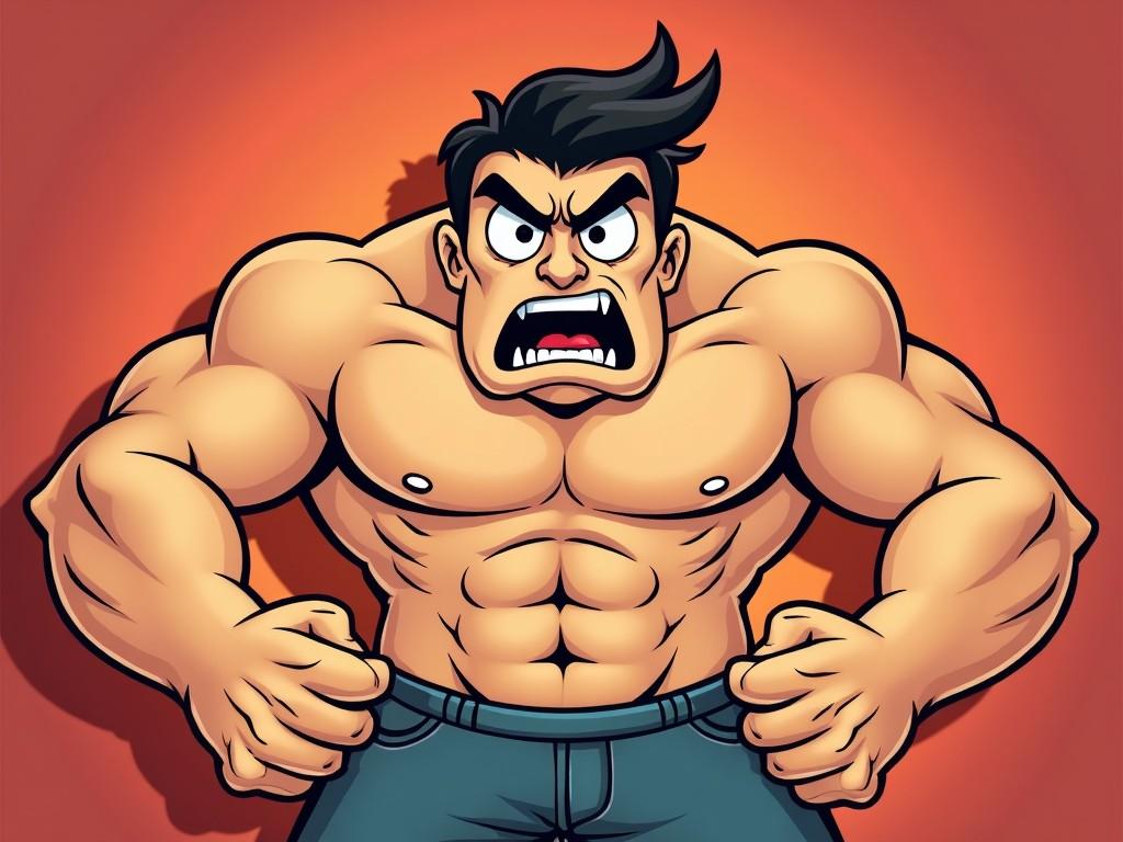 This image features a cartoon character striking an angry pose, prominently showcasing his muscular torso. The character has a fierce expression, enhancing the emotion of anger. The background is a warm orange color, creating a contrasting effect with the character's skin tone. His arms are flexed, emphasizing strength, and he's wearing casual blue jeans. The overall style is bold and colorful, typical of digital illustrations aimed at younger audiences. This character could be used in various media such as comics or animations.