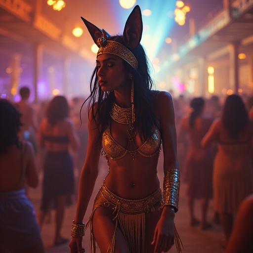 Dancer resembling Egyptian goddess Bastet performing at underground rave. Energetic atmosphere with colorful lights. Crowd dancing and celebrating.