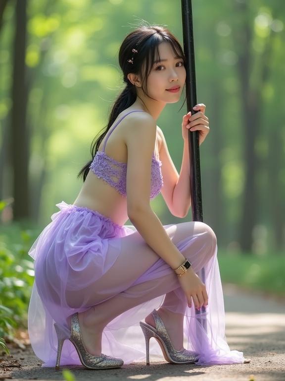 A young lady kneels sideways holding a pole. She has fair skin and black hair styled in a low ponytail. She wears a transparent purple outfit and high heels. Soft greenery surrounds her.