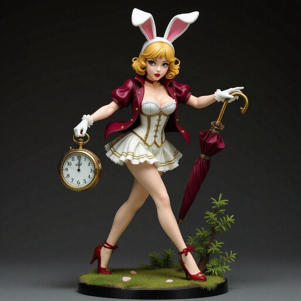 Detailed resin sculpture of a young woman. Figure stands in motion. One leg forward, body leaning slightly. Adorable expression looking at the clock. Holding large pocket watch, carrying closed umbrella. Outfit inspired by bunny costume, tight corset, bolero jacket, short ruffled skirt, ankle boots with bow. Long bunny ears. Young human face, sweet and expressive, big eyes, pink lips, blushed cheeks, charming smile. Hair in platinum waves. Base includes gears, flowers, crooked sign, playing cards, messy cakes. Sculptural logic supports all elements.