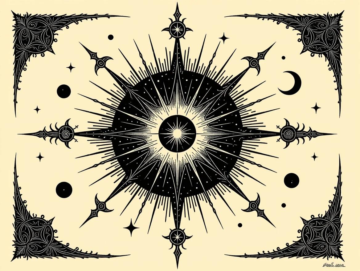 A cosmic illustration featuring intricate magical symbols. Central focal point with radiating lines. The image has dark and spooky elements. Surreal atmosphere with hints of horror. Inspired by artists like Sidney Nolan and Virgil Finlay.