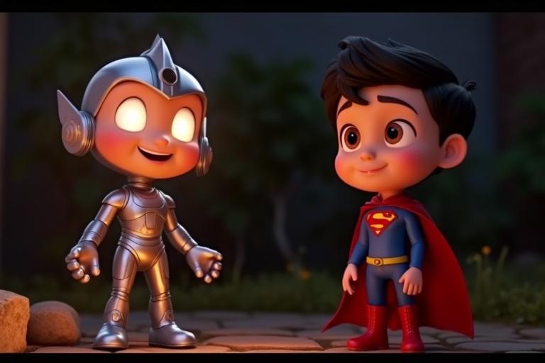 A warm 4K ultra-HD 3D animated scene in a 16:9 ratio. One character has a futuristic metallic outfit with glowing eyes and an excited face breaking into a smile. Another character wearing a red cape and blue suit looks relieved. The background depicts a dark garden.