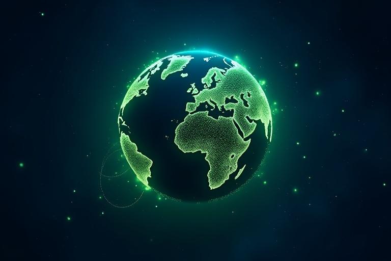 Dark blue starry background showcases glowing globe of Earth. The globe has green glowing connection lines symbolizing decentralized network. Subtle green particles enhance growth and renewal theme. Artwork represents decentralized solutions.