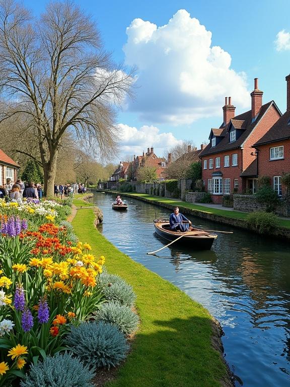 Scene of a tranquil canal lined with colorful flowers and a traditional house. A boat is being rowed in the water. The sky is blue with fluffy clouds. The atmosphere is peaceful and picturesque.
