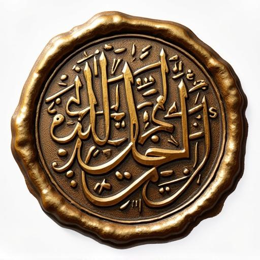 Circular design resembling classical Islamic scholar seals with intricate Arabic calligraphy.
