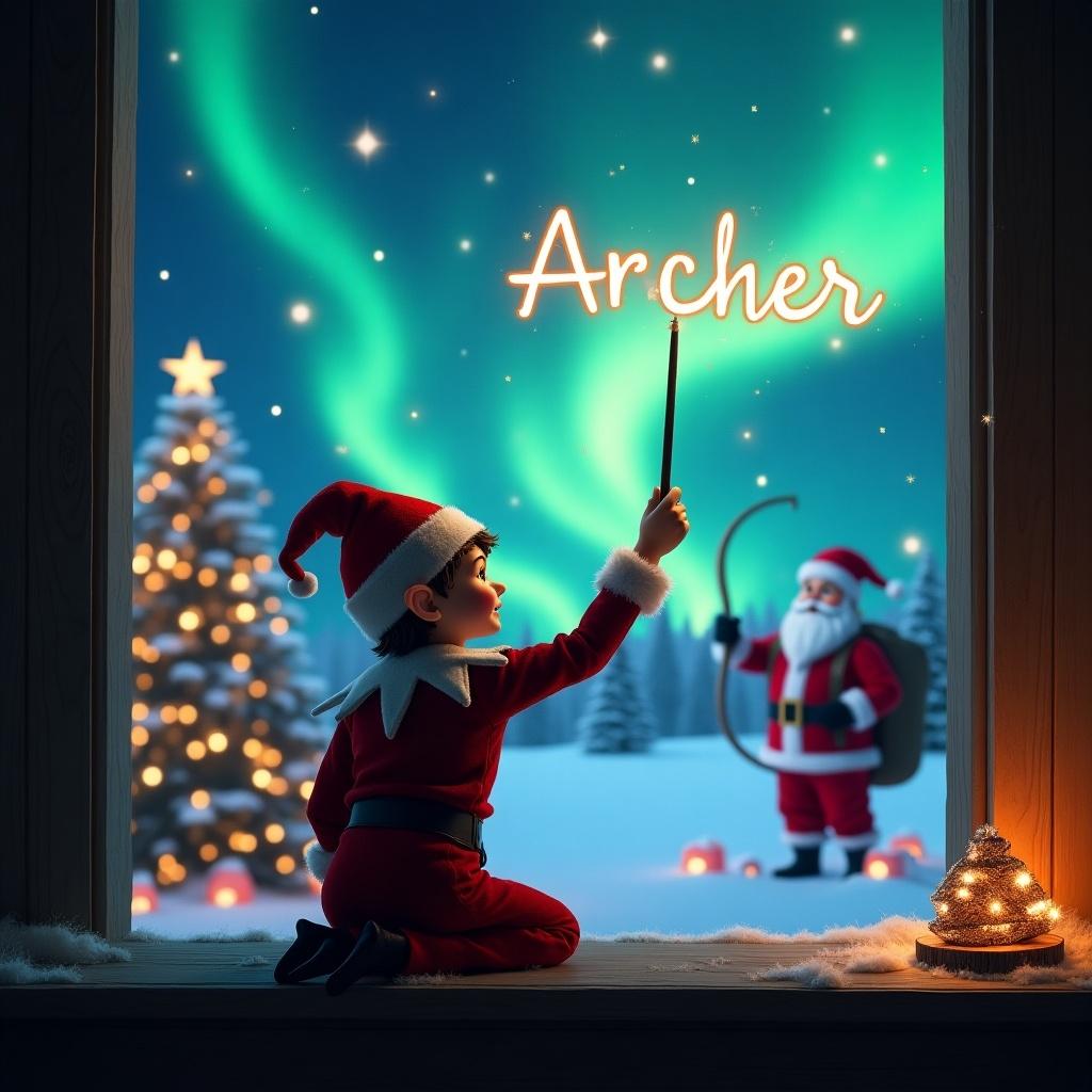 An elf character sits with his back facing the viewer, gazing out the window at a magical Christmas scene. He holds a wand, which he uses to elegantly write the names 'Milla' and 'Archer' in the illuminated sky. The background features vibrant northern lights swirling in greens and blues, while Santa Claus is seen in the distance, adding to the festive atmosphere. Soft twinkling lights adorn a nearby Christmas tree, creating a warm and inviting ambiance. Overall, the scene captures the wonder and magic of Christmas, making it enchanting for children and families alike.