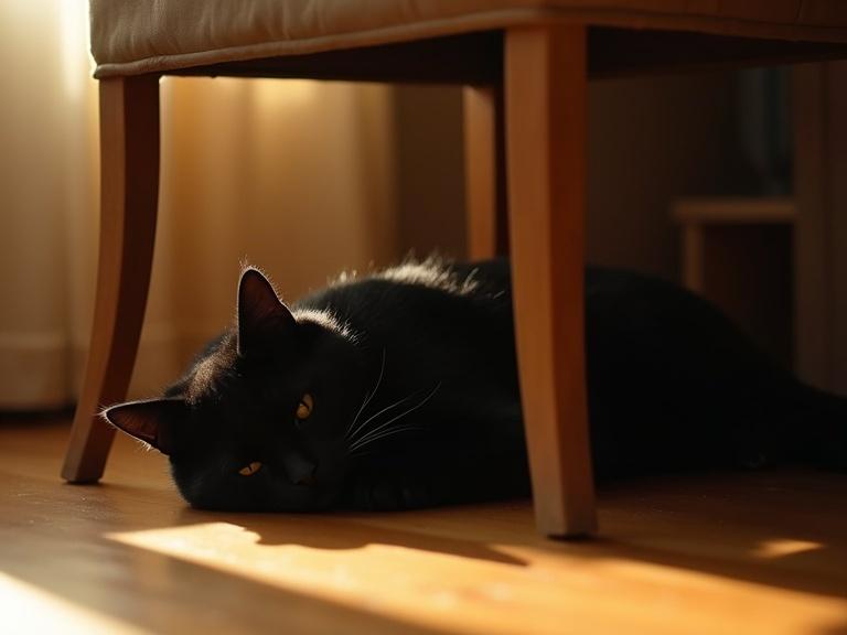 Black cat sleeping under a chair. Warm golden hour light creates a cozy atmosphere. Cat lies peacefully on the floor, partially hidden. Shadows play across the wood.