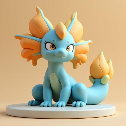 3D-rendered figure of Solgaleo with blue and orange colors. It shows a serious expression and is posed naturally. Soft lighting creates a clean backdrop. The art style looks like a collectible figure with smooth surfaces.