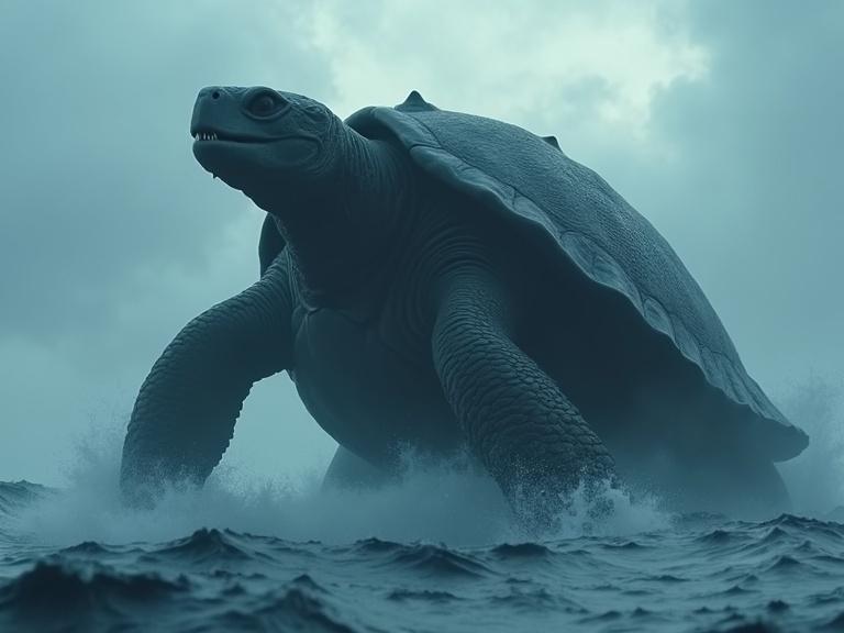 A gigantic turtle rising from a stormy ocean. Dark, cinematic atmosphere with a greyish blue color palette. The turtle has a thick textured shell and upward tusks. Huge waves and mist around it. Dramatic shadows and reflections.