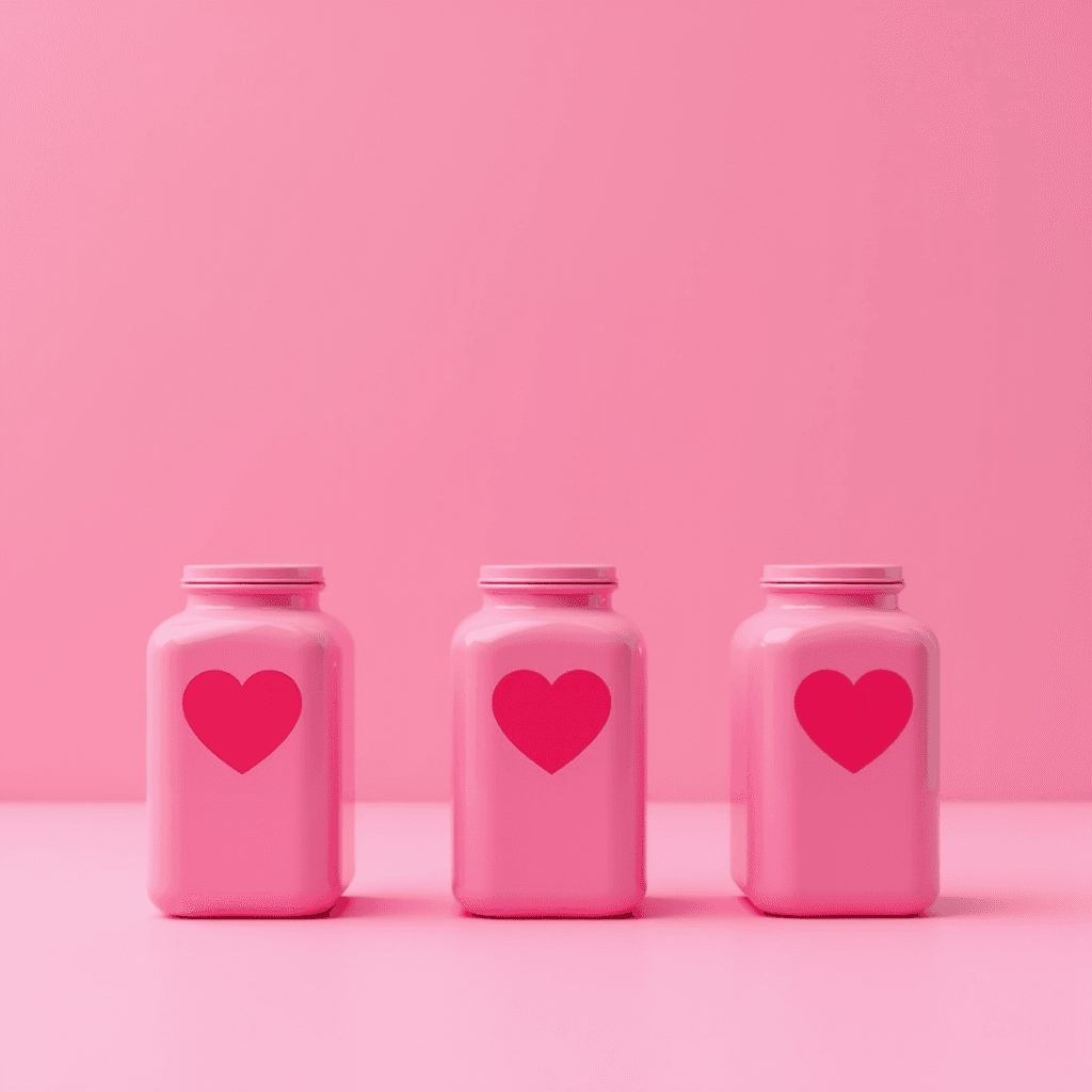 The image features three identical pink jars arranged side by side in front of a matching pink background. Each jar is adorned with a prominent red heart symbol on its front, creating a harmonious and visually appealing composition. The overall tone is soft and romantic, with the use of pastel colors enhancing the aesthetic's calming and affectionate vibe. The reflections and shadows are subtle, adding a touch of depth and realism to the minimalist design.