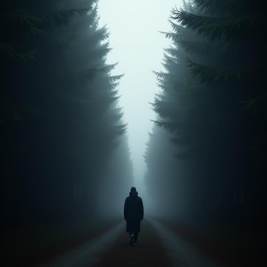 A person walks down a foggy path, creating a sense of solitude and mystery. The path is flanked by tall, dark trees that loom in the mist. The entire scene is enveloped in a soft gray atmosphere, emphasizing the fog. The person appears small and distant, adding to the feeling of isolation. This setting invites contemplation and evokes an emotional response from the viewer.