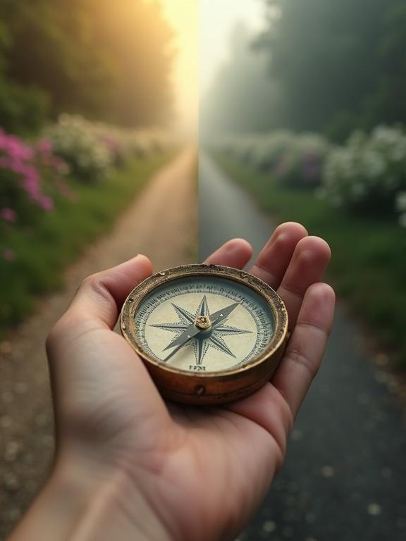 Hand holding vintage compass. Split background featuring bright path and dark road. Compass needle pointing toward bright direction. Symbolizes values and choices in life.